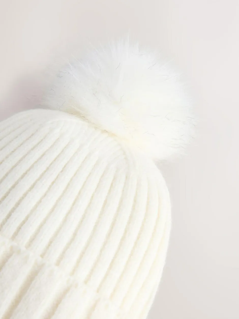 Next Ecru Rib Knit Pom Hat New