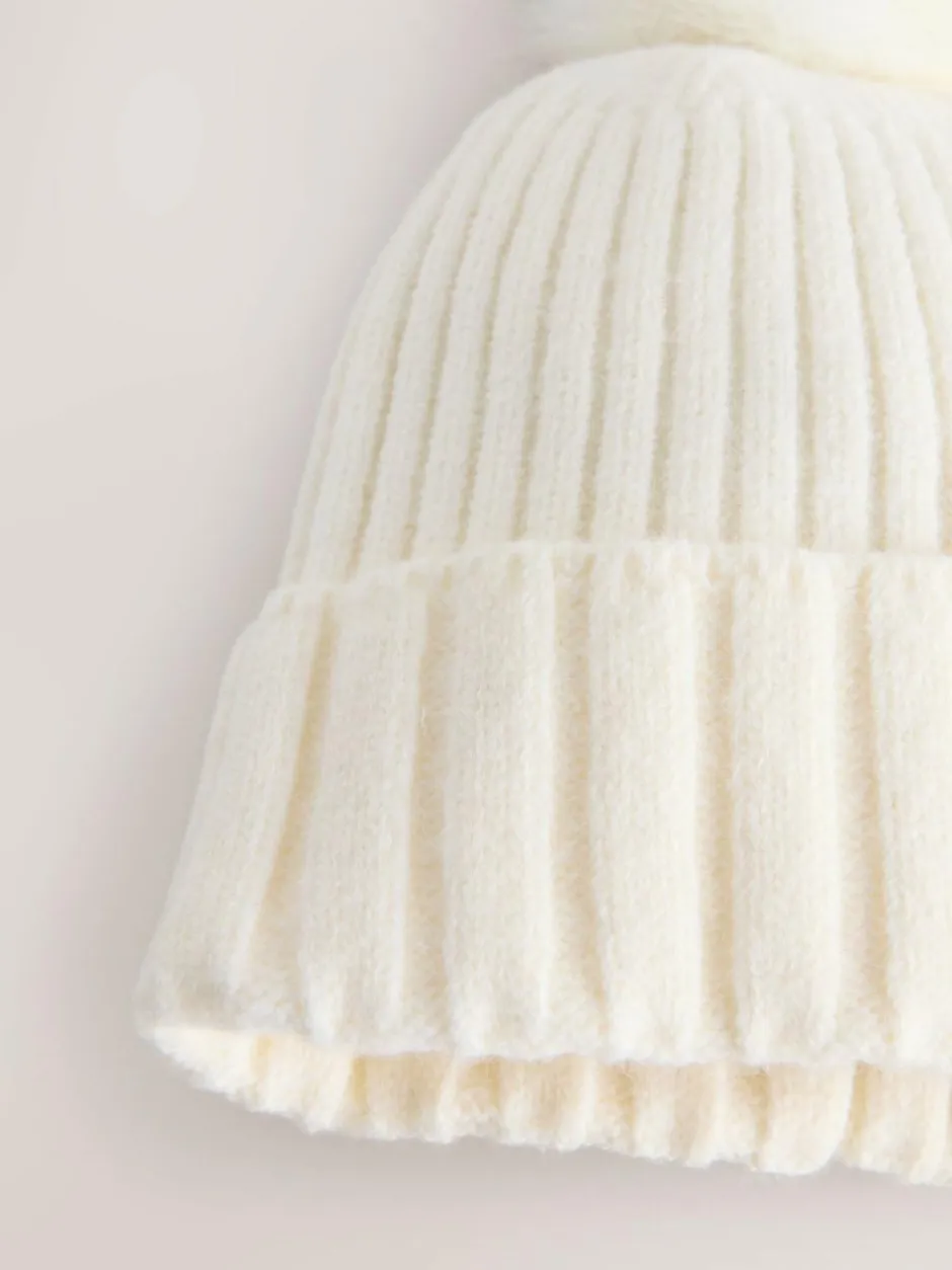 Next Ecru Rib Knit Pom Hat New