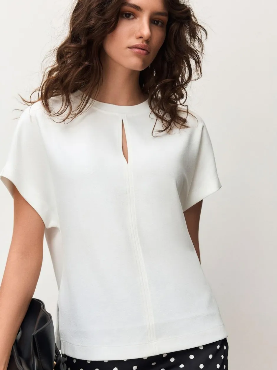 Next Short Sleeve Keyhole Crew Neck Top Ecru New