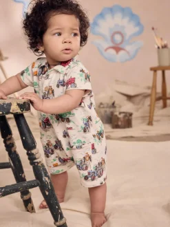 Next 100% Cotton Cath Kidston Romper Ecru Tractor Printed Collared Hot