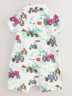 Next 100% Cotton Cath Kidston Romper Ecru Tractor Printed Collared Hot