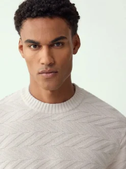 Next Regular Fit Cotton Rich Chevron Cable Crew Neck Jumper Ecru White