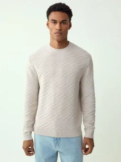 Next Regular Fit Cotton Rich Chevron Cable Crew Neck Jumper Ecru White