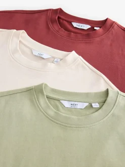 Next Ecru White/Green/Rust Red Relaxed Fit Heavyweight T-Shirts 3 Pack
