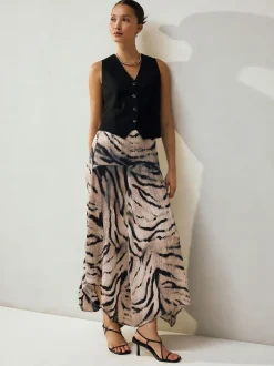 Next Crinkle Satin Asymetric Midi Skirt Ecru Zebra Print Online