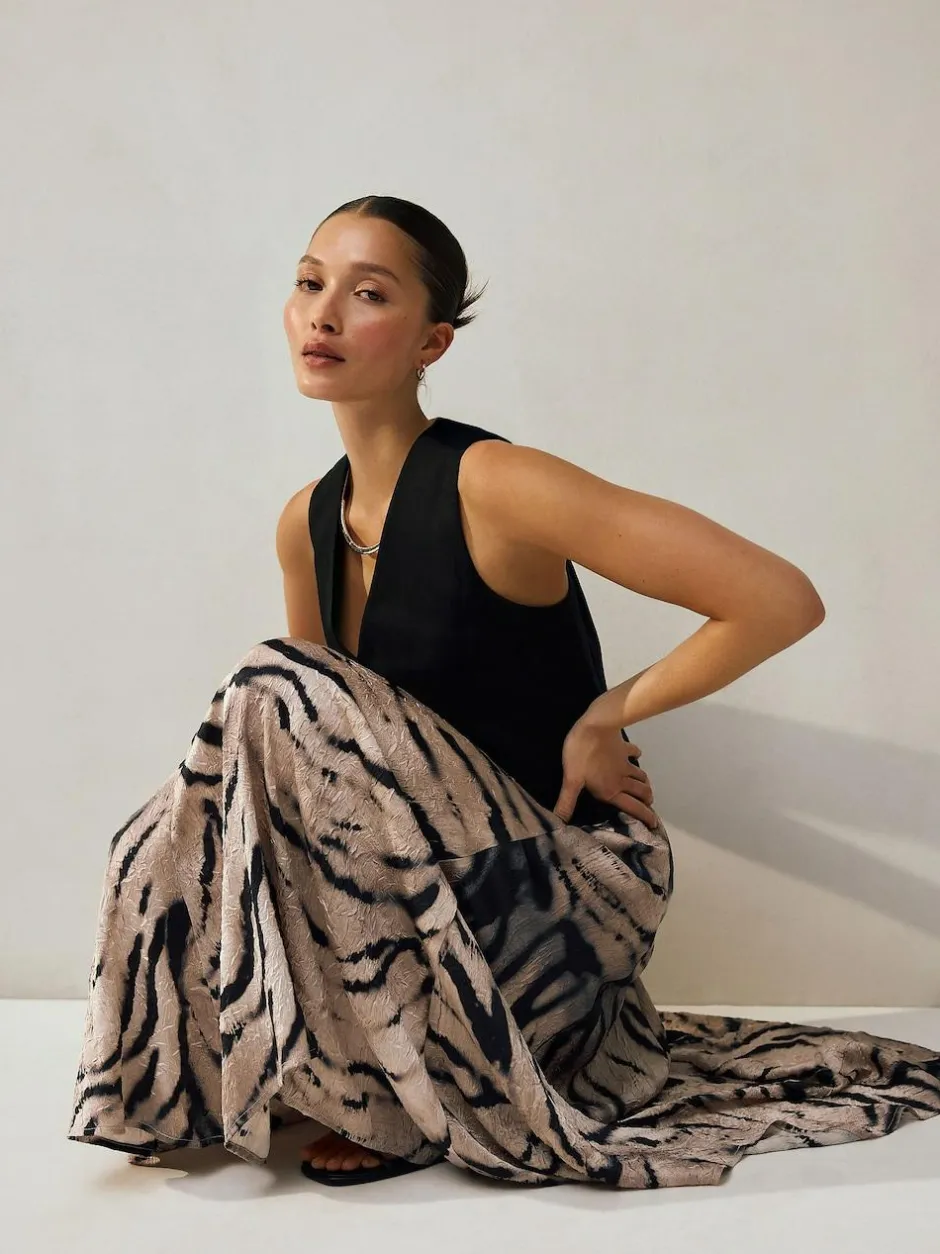 Next Crinkle Satin Asymetric Midi Skirt Ecru Zebra Print Online