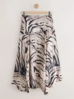 Next Crinkle Satin Asymetric Midi Skirt Ecru Zebra Print Online