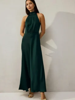 Next Emerald Green Textured Satin Halter Sleeveless Midi Dress New