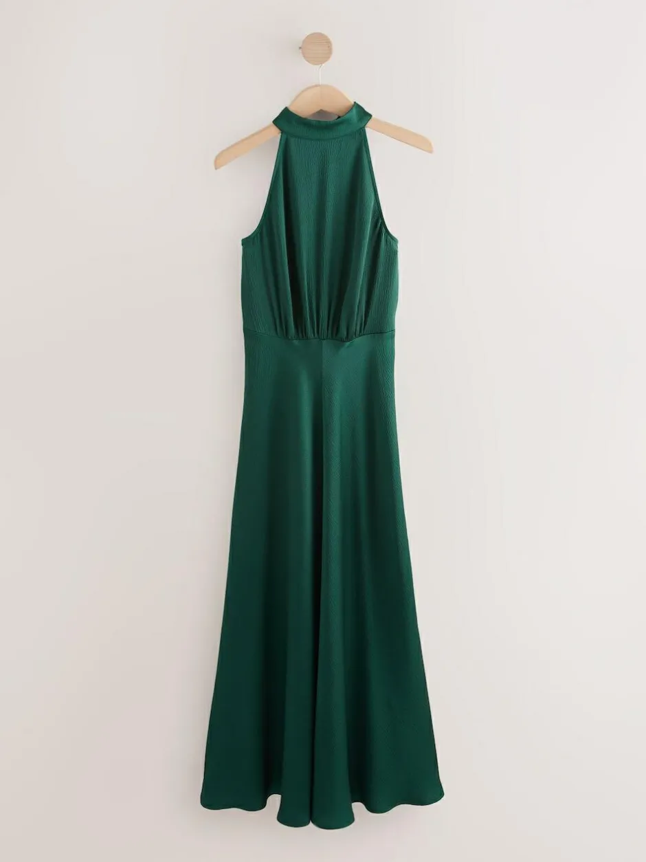 Next Emerald Green Textured Satin Halter Sleeveless Midi Dress New