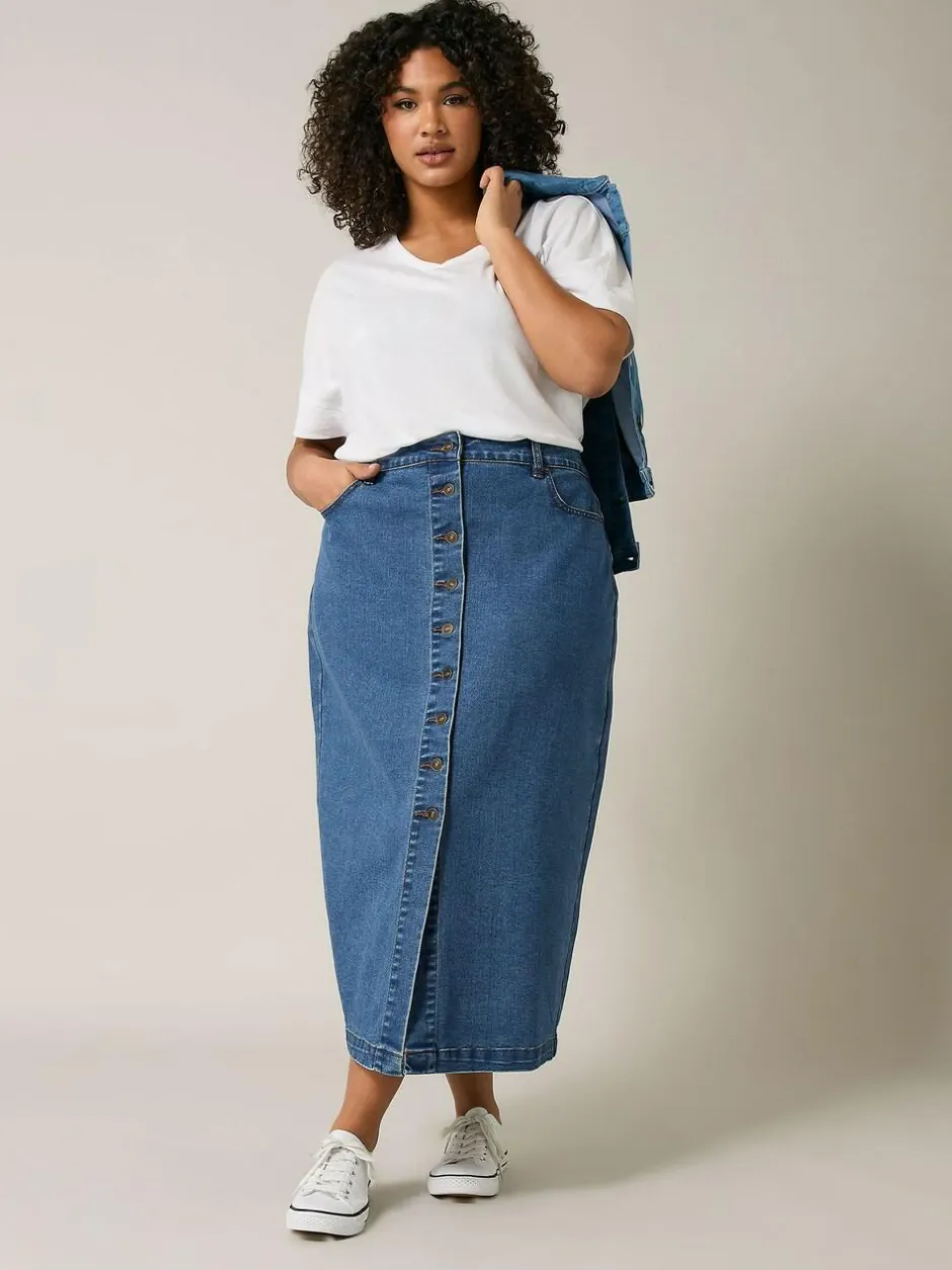 Evans Blue Button Through Denim Skirt Sale