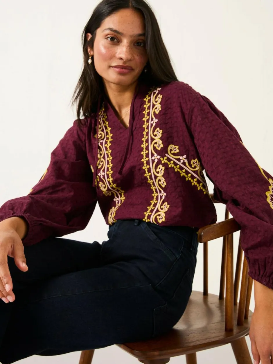 Fat Face FatFace Garratt Embroidered V-neck Blouse Burgundy Red Outlet