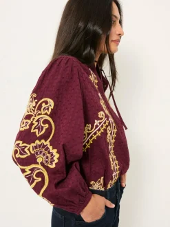 Fat Face FatFace Garratt Embroidered V-neck Blouse Burgundy Red Outlet