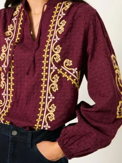 Fat Face FatFace Garratt Embroidered V-neck Blouse Burgundy Red Outlet