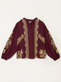 Fat Face FatFace Garratt Embroidered V-neck Blouse Burgundy Red Outlet