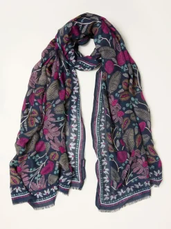Fat Face FatFace Navy Blue Leaf Floral Printed Lightweight Scarf Outlet