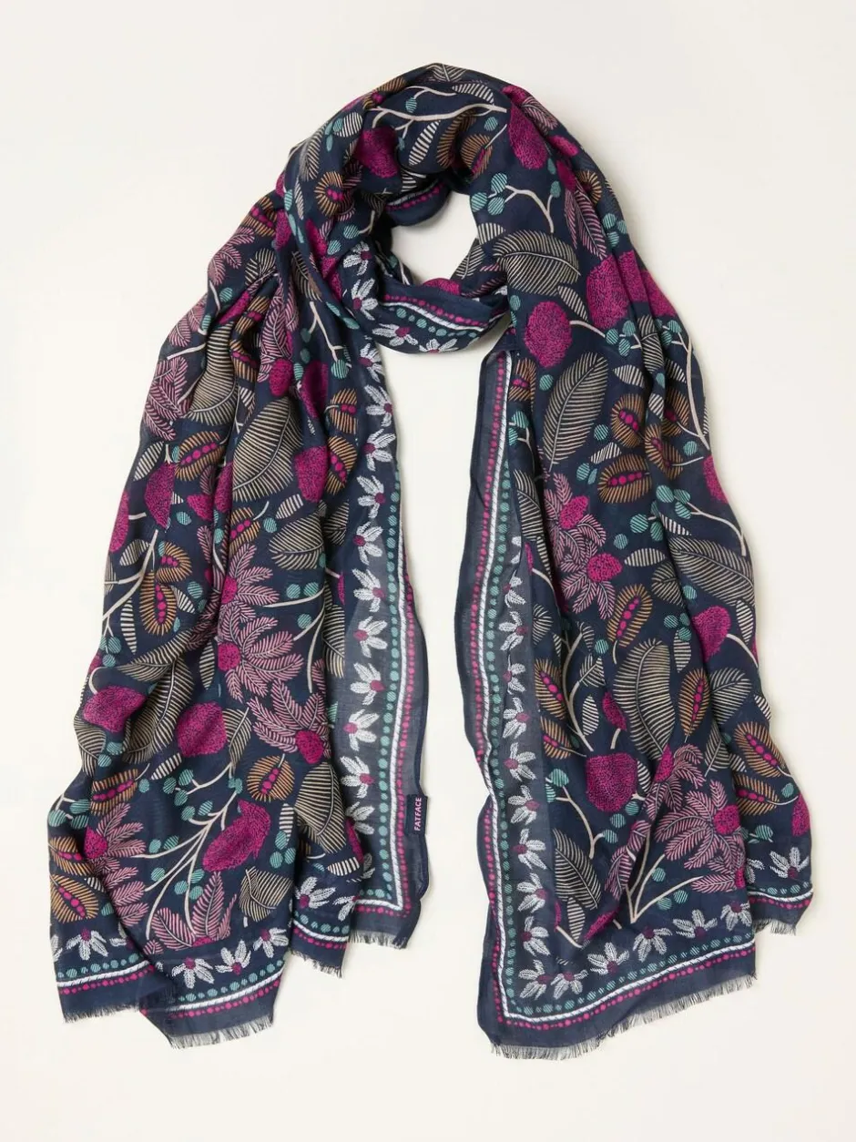 Fat Face FatFace Navy Blue Leaf Floral Printed Lightweight Scarf Outlet