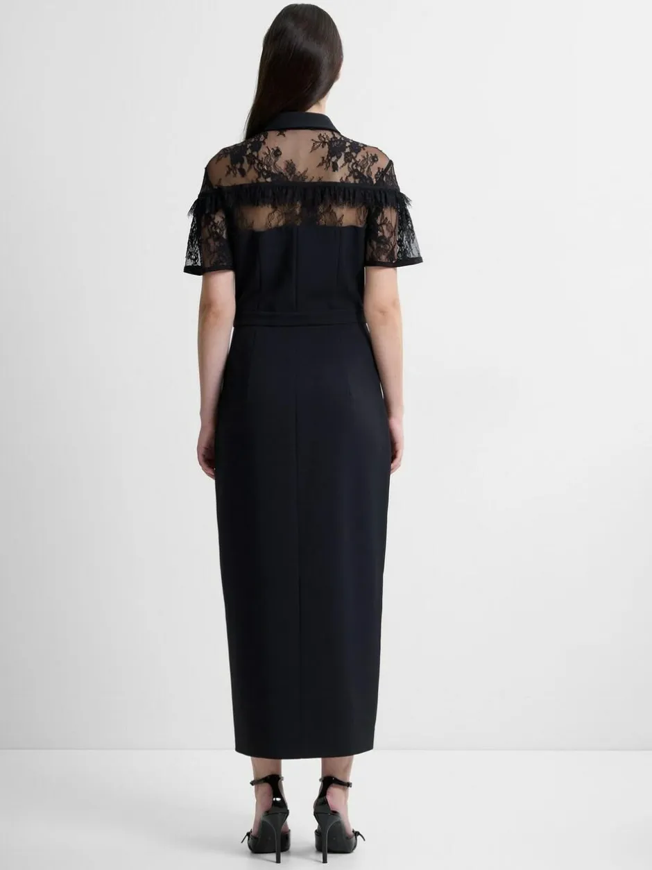 French Connection Black Miles Lace Mix Midi Dress Sale