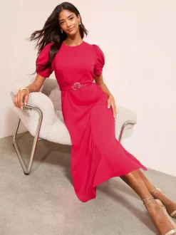 Friends Like These Ruched Short Sleeve Belted Midi Dress Berry Red New