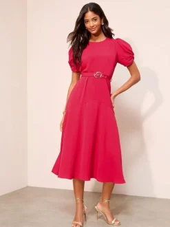 Friends Like These Ruched Short Sleeve Belted Midi Dress Berry Red New