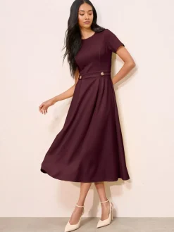 Friends Like These Tab Detail Short Sleeve Midi Tailored Dress Berry Red Hot