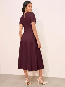Friends Like These Tab Detail Short Sleeve Midi Tailored Dress Berry Red Hot