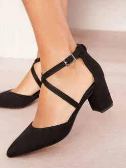 Friends Like These Wide Fit Block Heel Cross Strap Court Shoes Black New