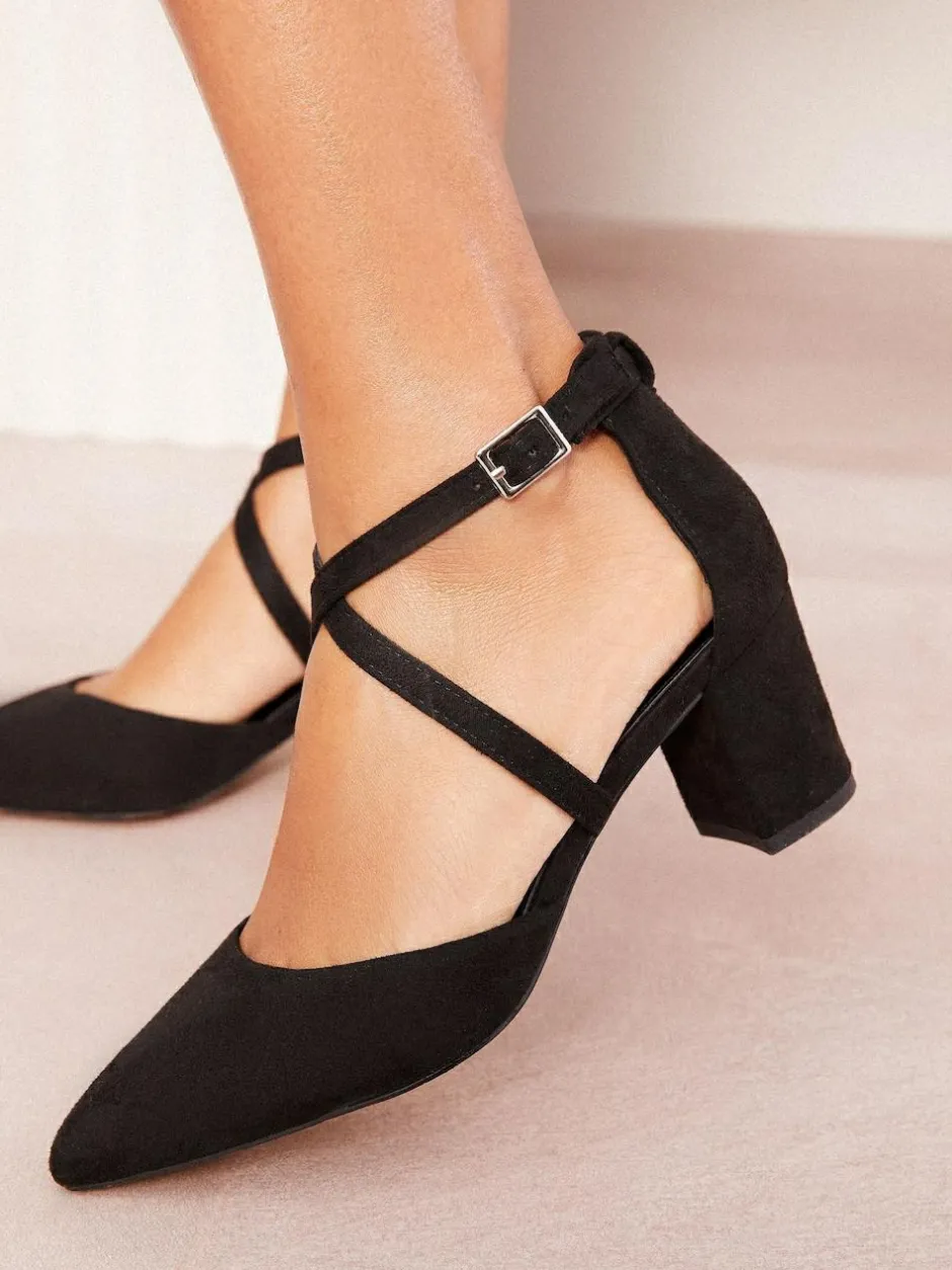 Friends Like These Wide Fit Block Heel Cross Strap Court Shoes Black New