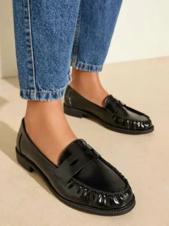 Friends Like These Flat Ruched Comfort Slip On Penny Loafers Black New
