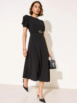Friends Like These Ruched Short Sleeve Belted Midi Dress Black Outlet