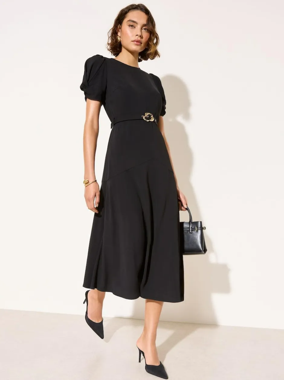 Friends Like These Ruched Short Sleeve Belted Midi Dress Black Outlet