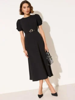 Friends Like These Ruched Short Sleeve Belted Midi Dress Black Outlet