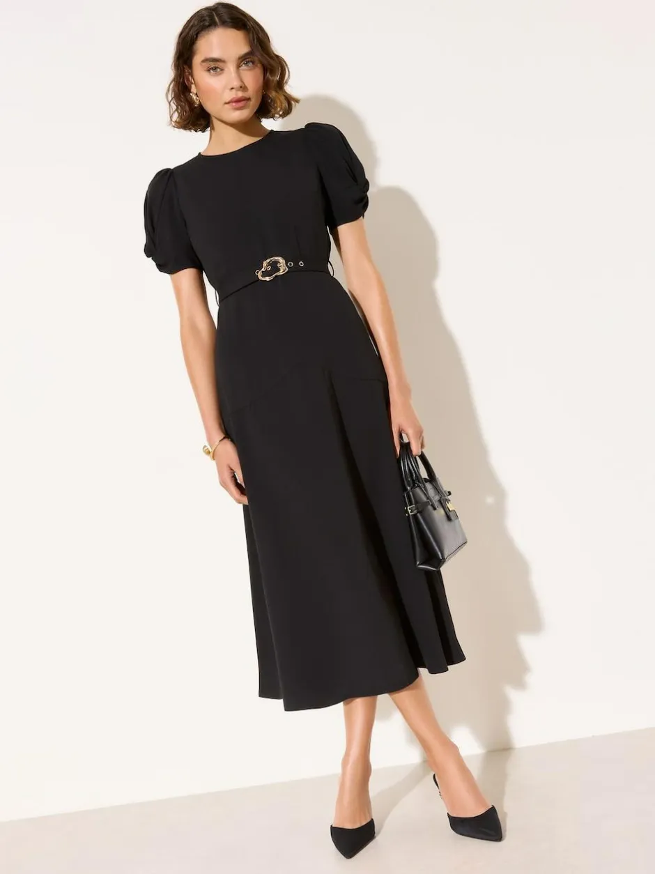 Friends Like These Ruched Short Sleeve Belted Midi Dress Black Outlet