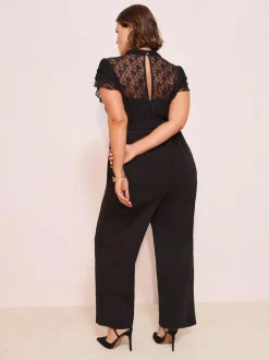 Friends Like These Black Curve Lace Scuba Mix Frill Sleeve Jumpsuit
