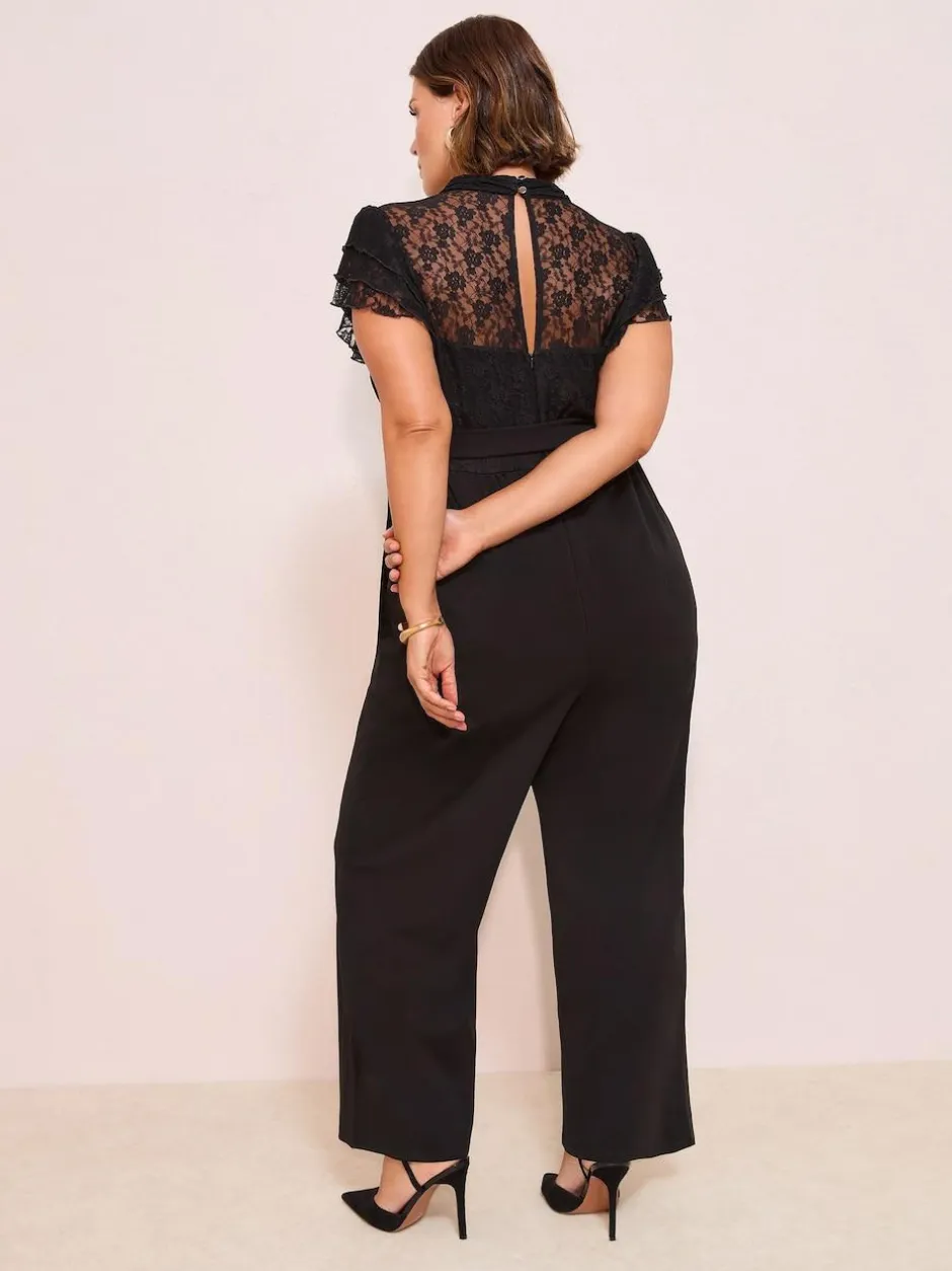 Friends Like These Black Curve Lace Scuba Mix Frill Sleeve Jumpsuit