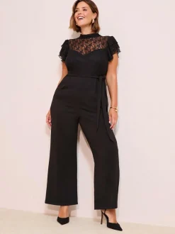 Friends Like These Black Curve Lace Scuba Mix Frill Sleeve Jumpsuit