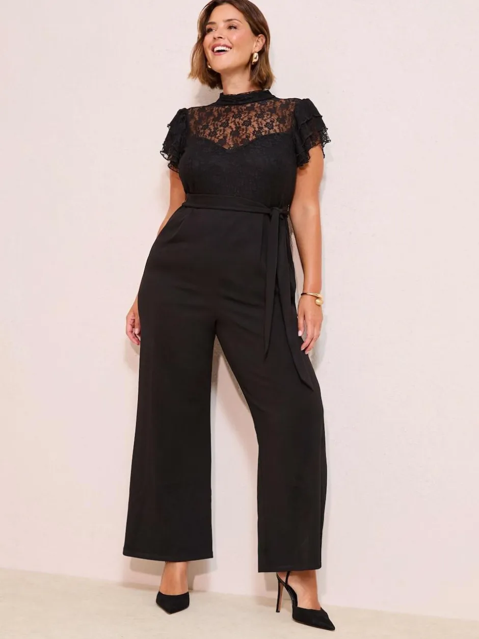 Friends Like These Black Curve Lace Scuba Mix Frill Sleeve Jumpsuit
