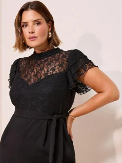 Friends Like These Black Curve Lace Scuba Mix Frill Sleeve Jumpsuit