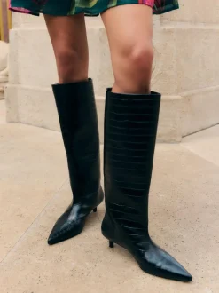 Friends Like These Black Faux Croc Leather Kitten Heel Formal Knee High Shaft Long Boots New