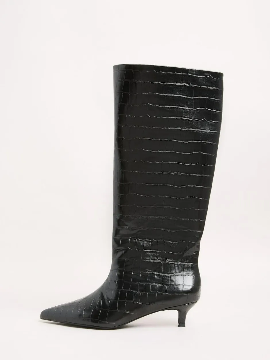 Friends Like These Black Faux Croc Leather Kitten Heel Formal Knee High Shaft Long Boots New
