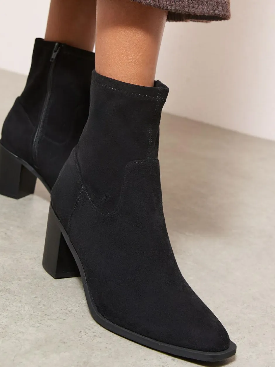 Friends Like These Faux Suede Mid Heel Western Style Smart Sock Ankle Boots Black Discount
