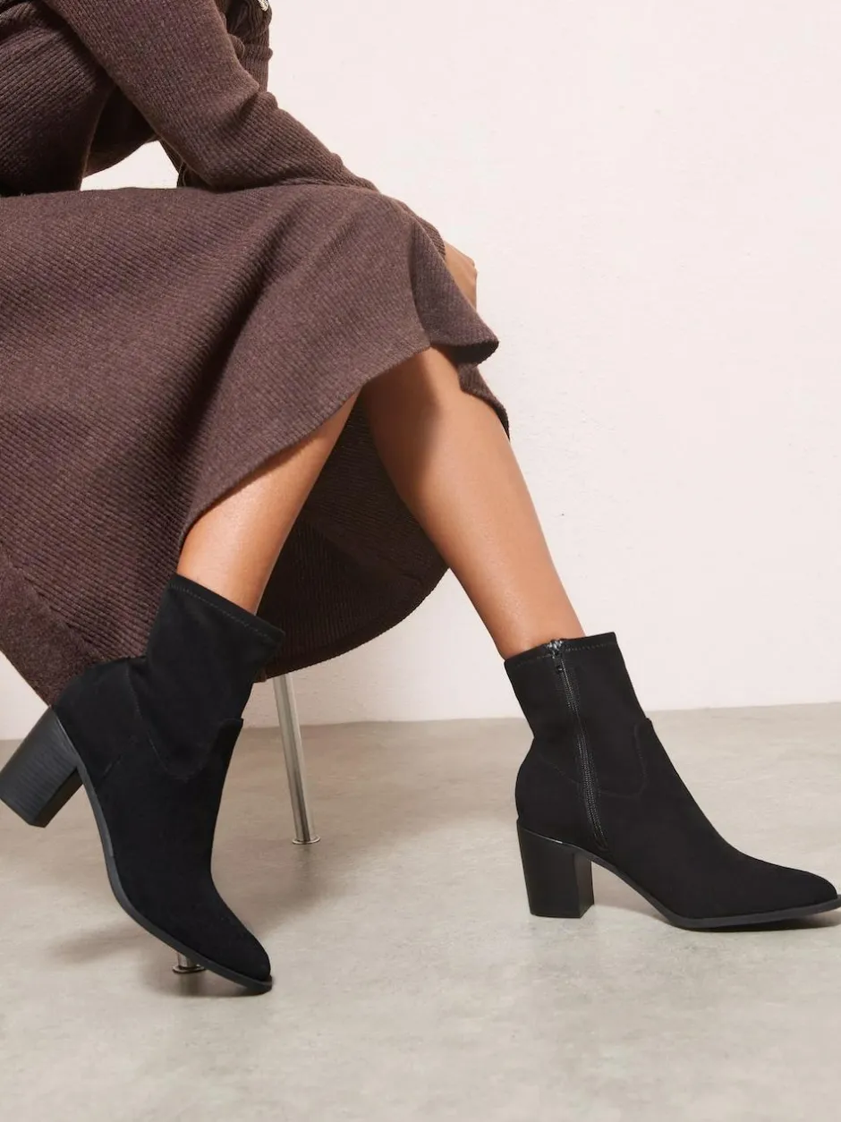 Friends Like These Faux Suede Mid Heel Western Style Smart Sock Ankle Boots Black Discount