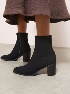 Friends Like These Faux Suede Mid Heel Western Style Smart Sock Ankle Boots Black Discount