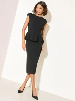 Friends Like These Black Cap Sleeve Peplum Waist Midi Dress New