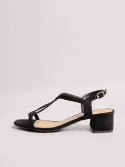 Friends Like These Black Standard Fit Low Block Heels T-Bar Strap Faux Leather Sandals New