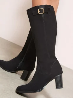 Friends Like These Standard fit Standard / Wide Fit Faux Suede Mid Heel Buckle Smart Knee High Boots Black Outlet