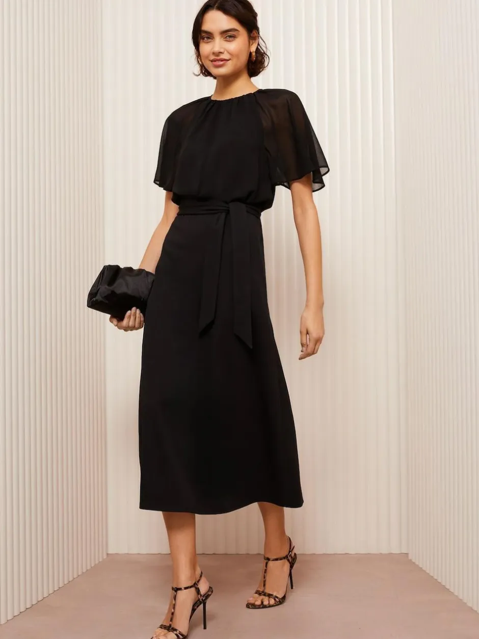 Friends Like These Scuba Chiffon Flutter Sleeve Midi Dress Black Online