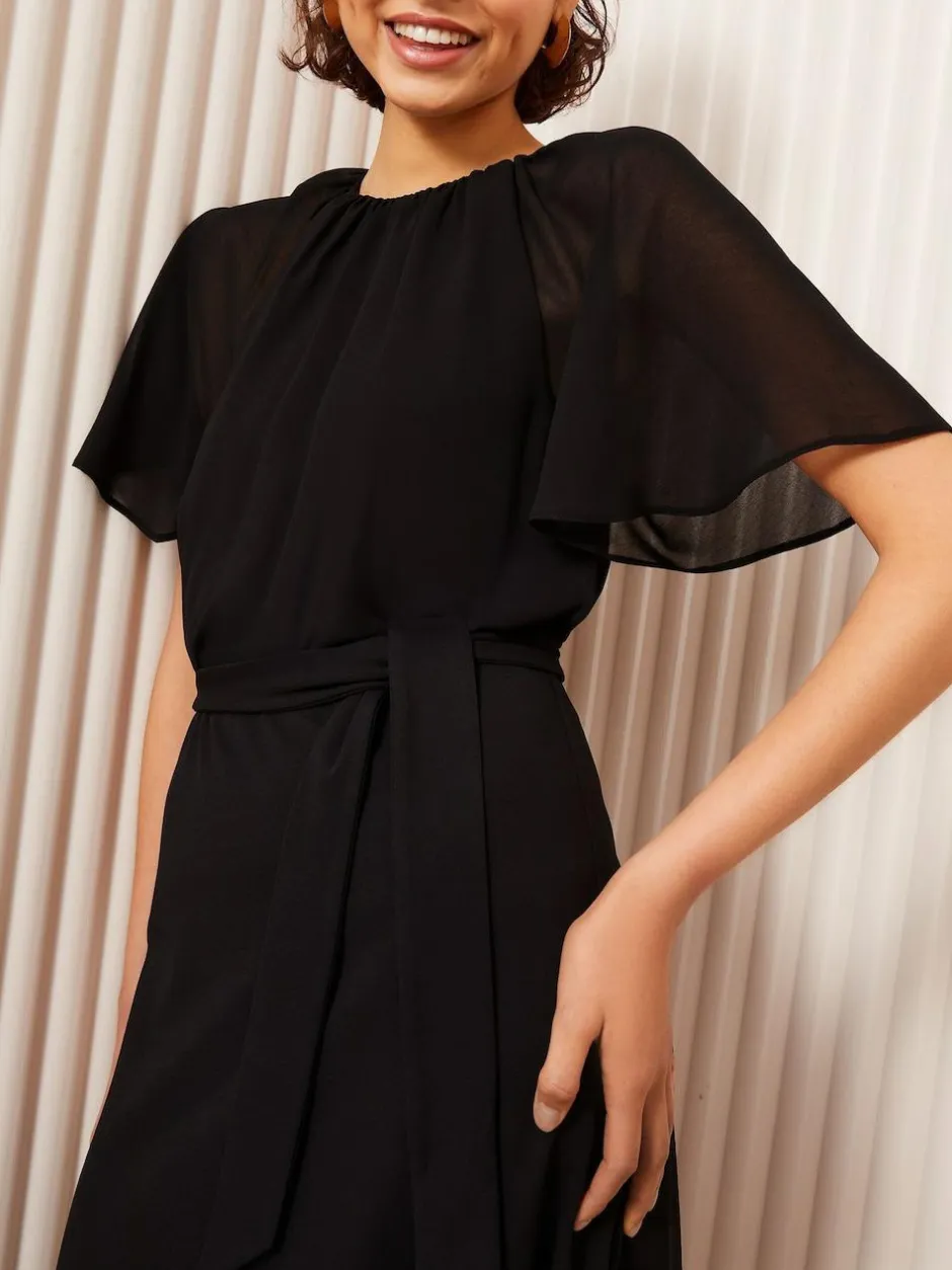 Friends Like These Scuba Chiffon Flutter Sleeve Midi Dress Black Online