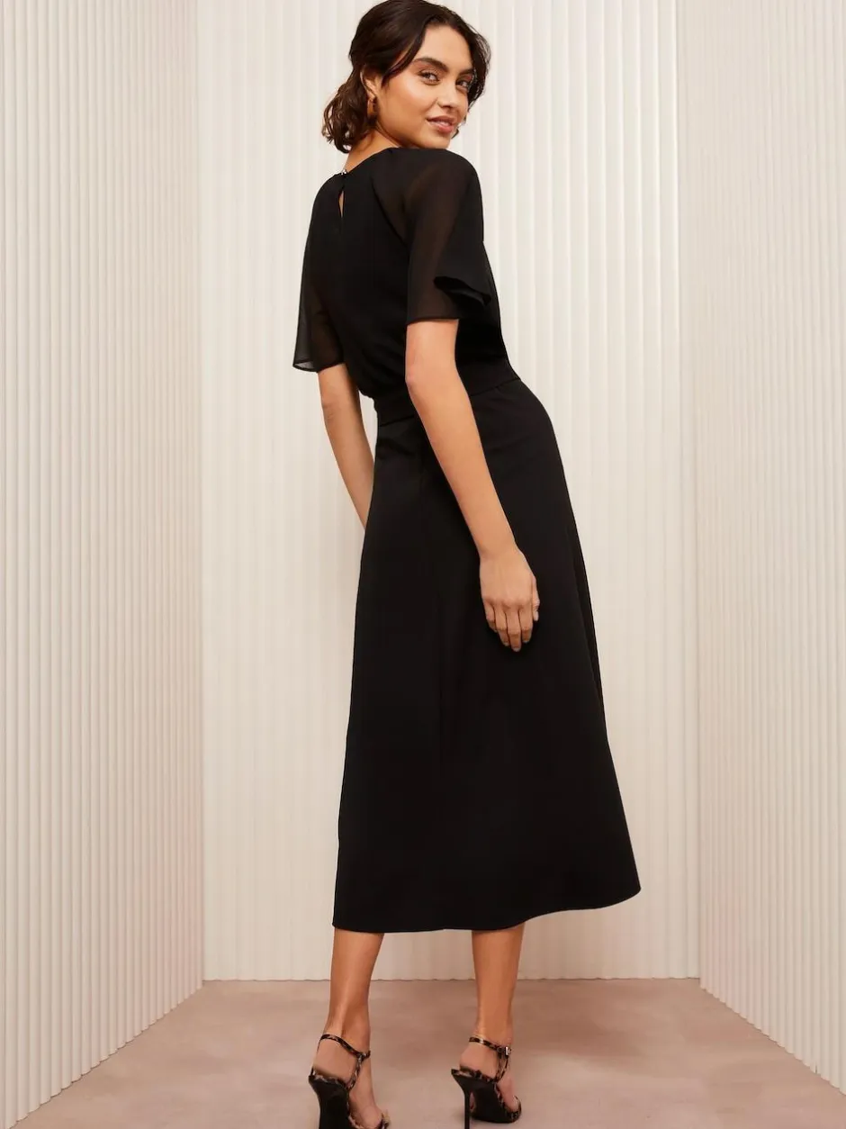 Friends Like These Scuba Chiffon Flutter Sleeve Midi Dress Black Online