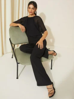Friends Like These Chiffon Flutter Sleeve Scuba Jumpsuit Black Sale