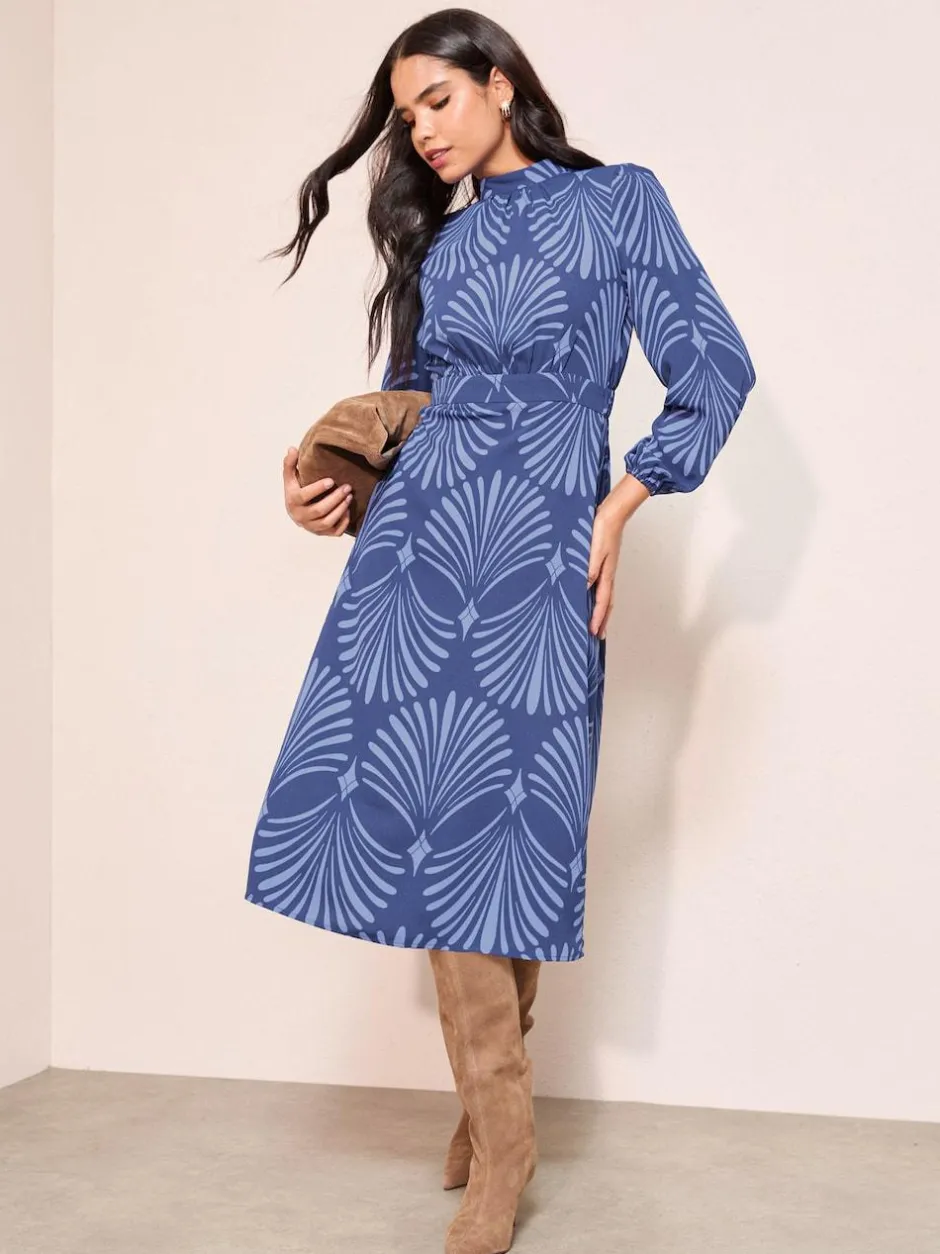 Friends Like These High Neck Long Sleeve Midi Dress with Bow Detailing Blue Geo New